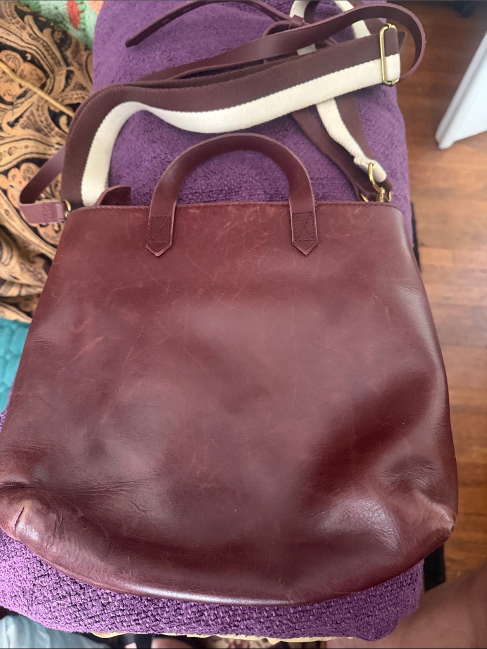 Madewell Men's Messenger Bag in Deep Burgundy with Cream Strap Accent